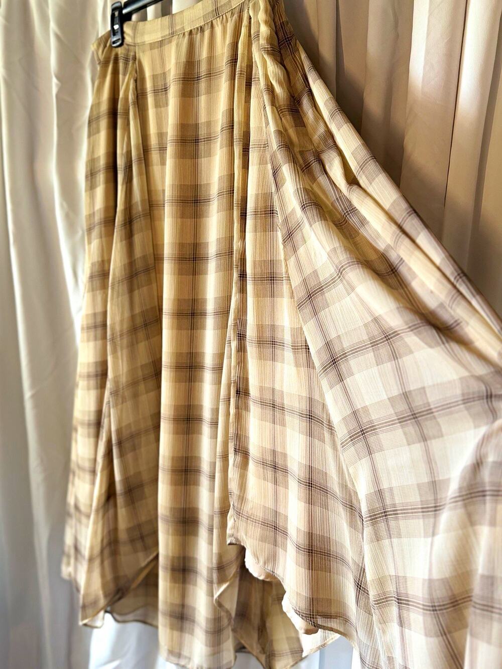 Plaid Chiffon Midi Skirt Beige Neutral Academia Office Siren Size 12